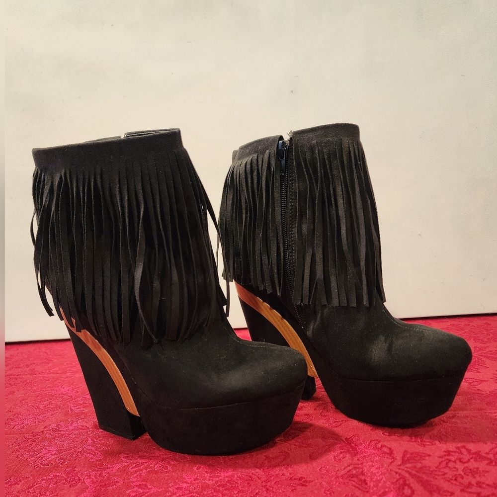 FRH Black Fringe Platform Ankle Boots